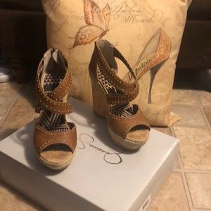 JS dark tan wedge sandals